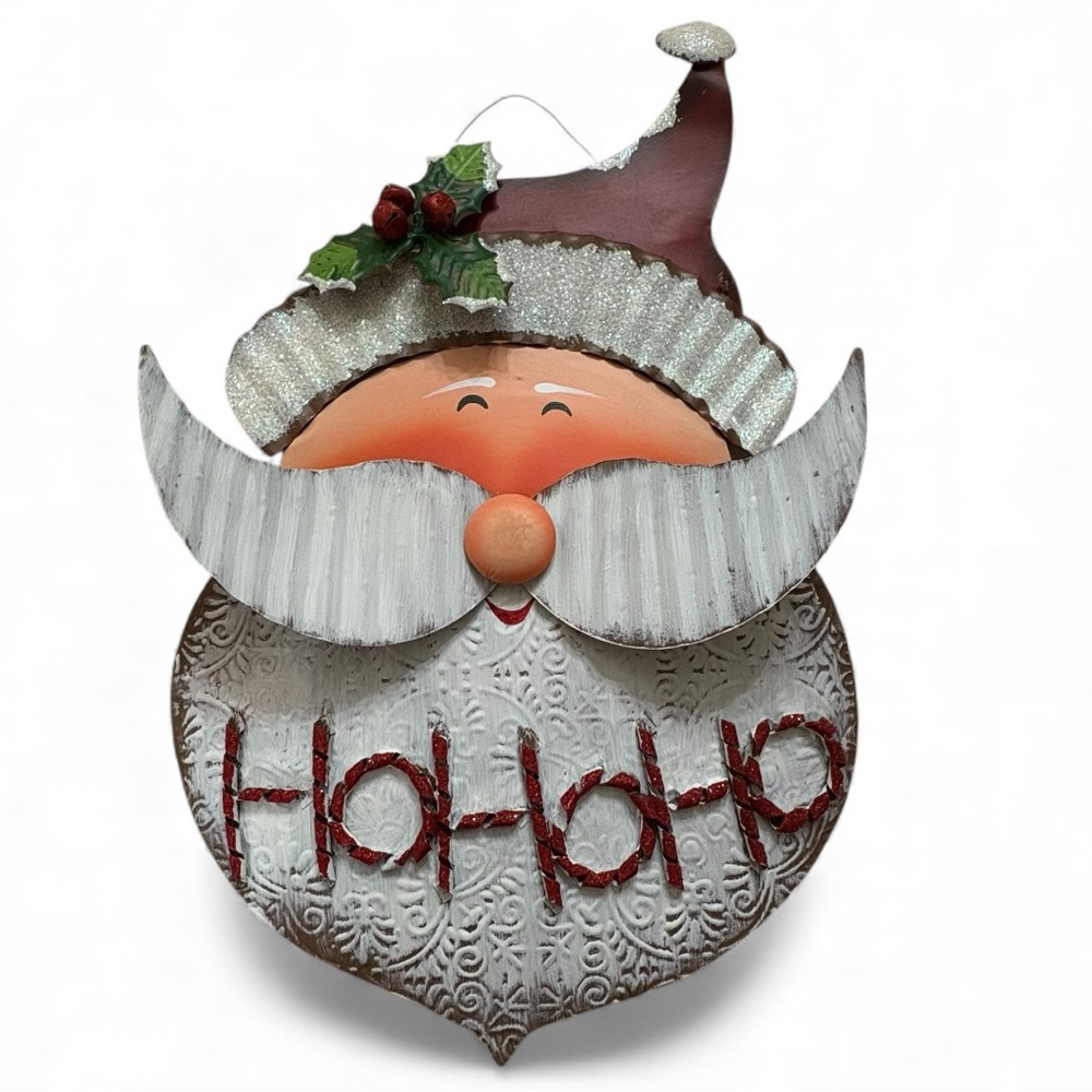 Rustic 3d Metal Festive Santa Hanging Wall Door Decor with Red Accents NWT